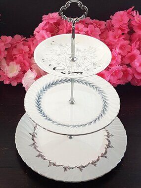 Vintage 3-Tier Tiered Cupcake Stand English Bone China Gray Silver